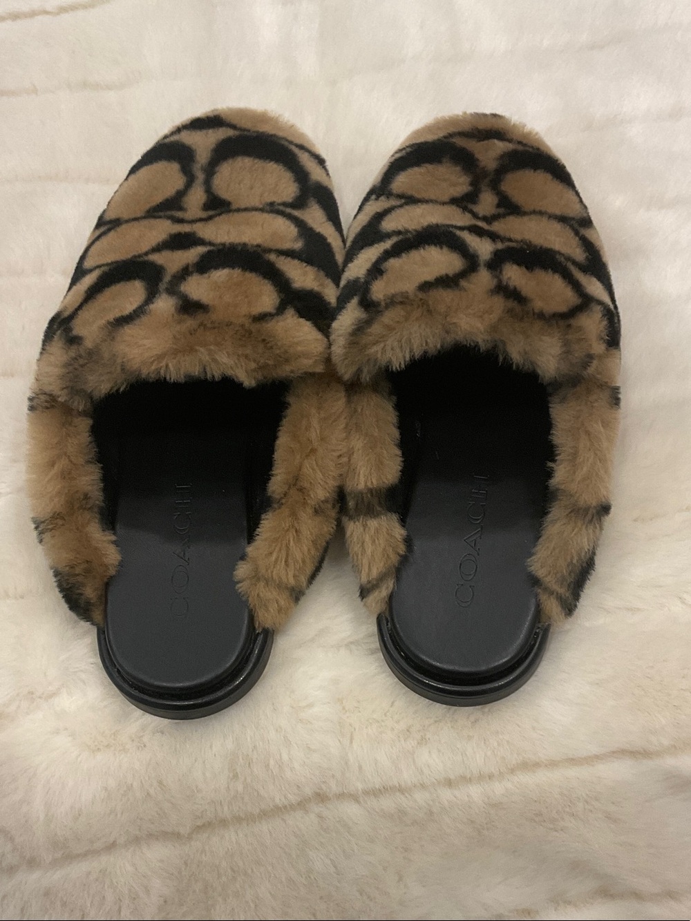 Coach Tan and Black Signature Faux-Fur Slide Mules